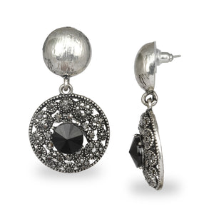 CIRCULAR SILVER OXIDISED AZTEC EARRINGS