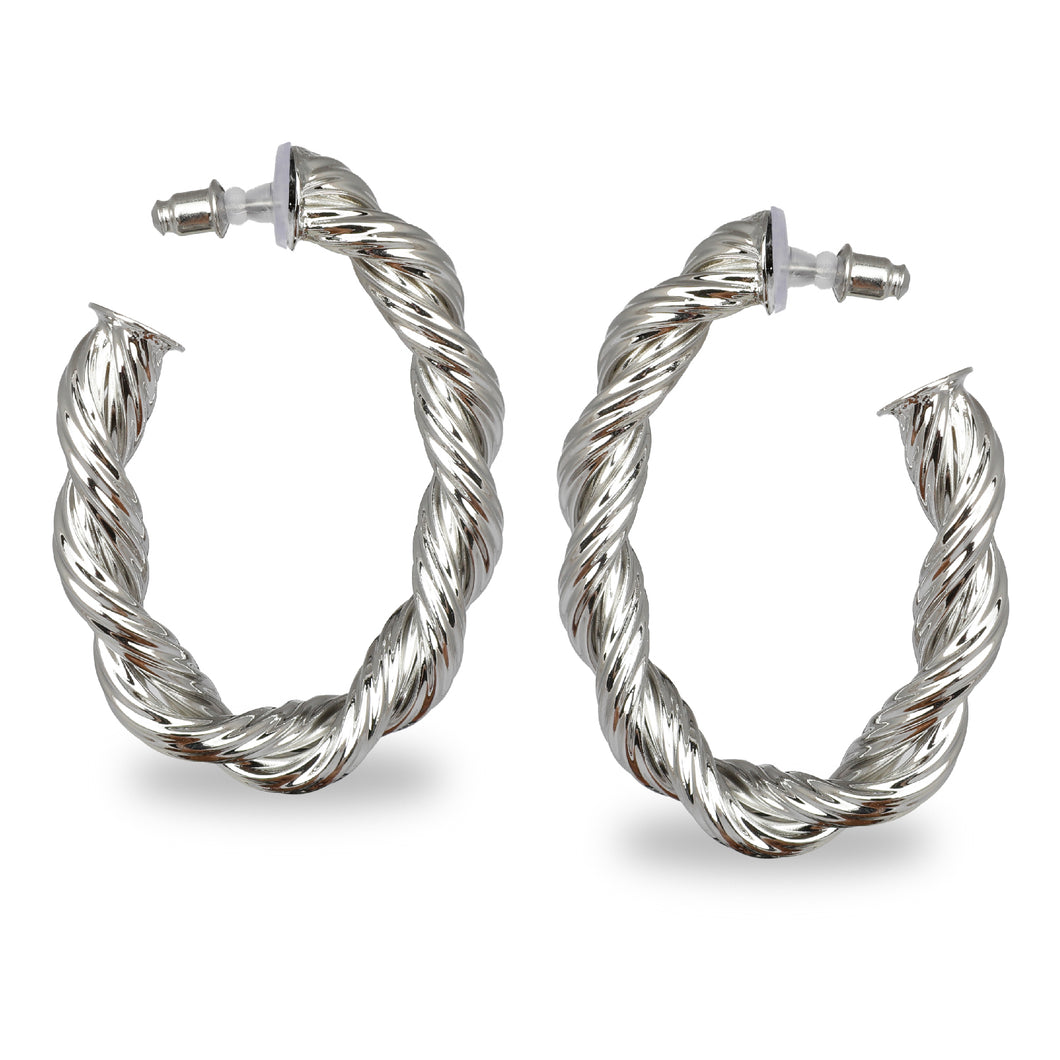 SILVER TWISTED OVAL HOOP EARRINGS