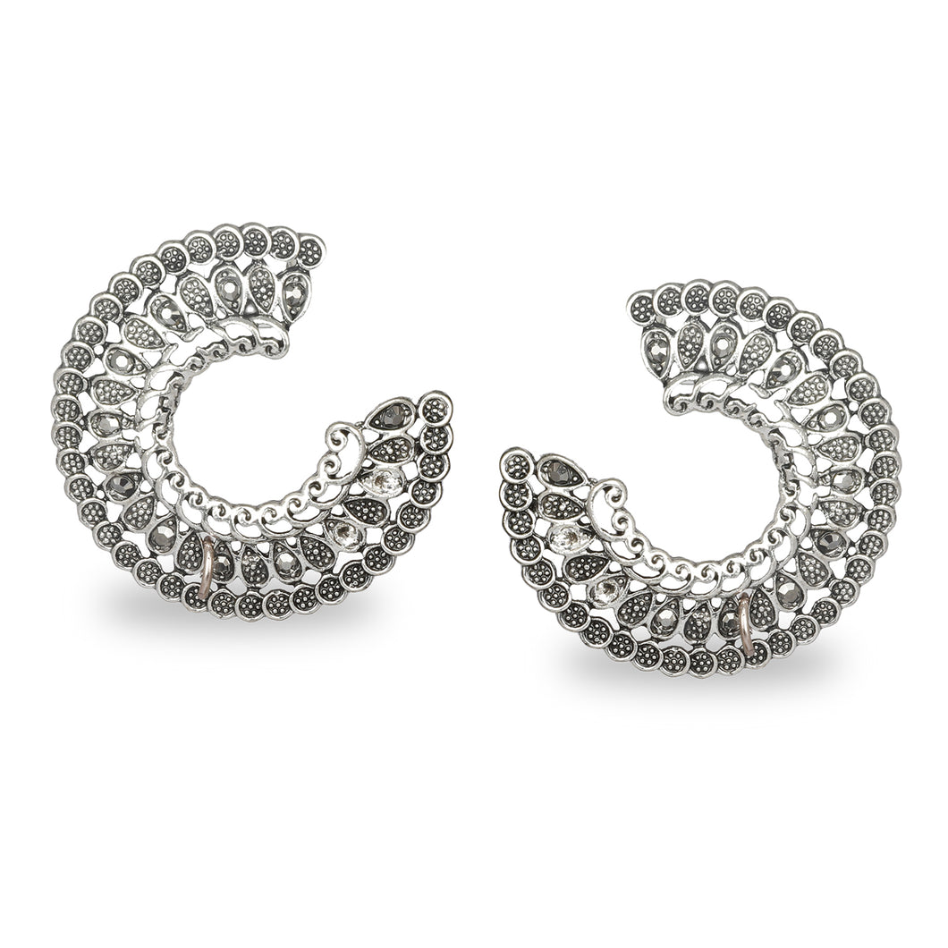 C SHAPED AZTEC OXIDISED SILVER STUD EARRINGS